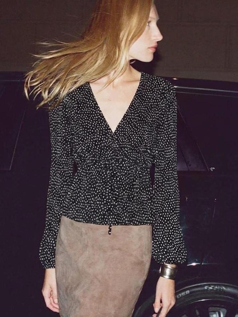 stradivarius Black Polka Dot V-Neck Long Sleeve Blouse
